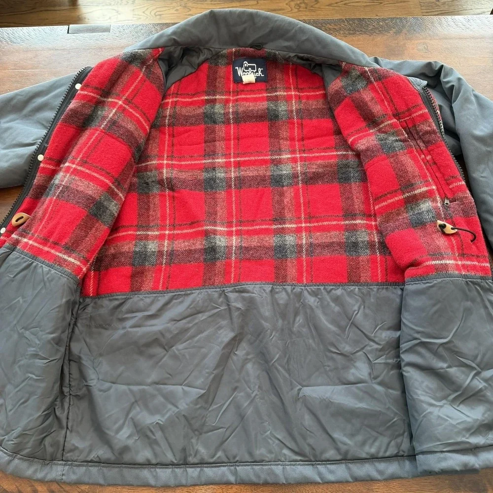 Vintage Woolrich Jacket Mens Large Gray‎ Insulated Parka Plaid Wool Lined USA
